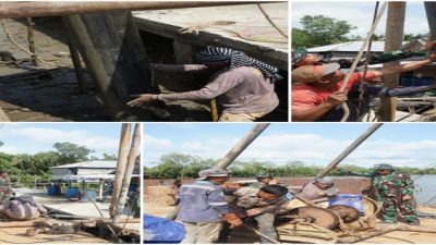 Wujudkan Akses Penghubung Desa, Tim Satgas Jembatan Gantung Pasang Tiang Pancang