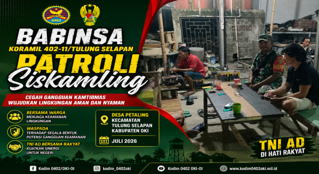 Babinsa Koramil 402-11/Tulung Selapan dan Warga Desa Petaling Gelar Patroli Siskamling, Perkuat Keamanan Lingkungan